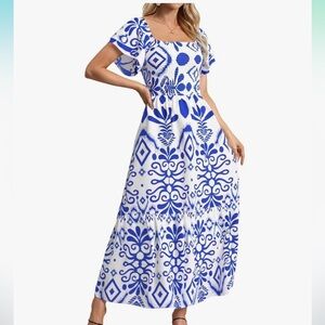 MakeMeChic Women's Floral Print Layered Short Sleeve A Line Summer Long Dress